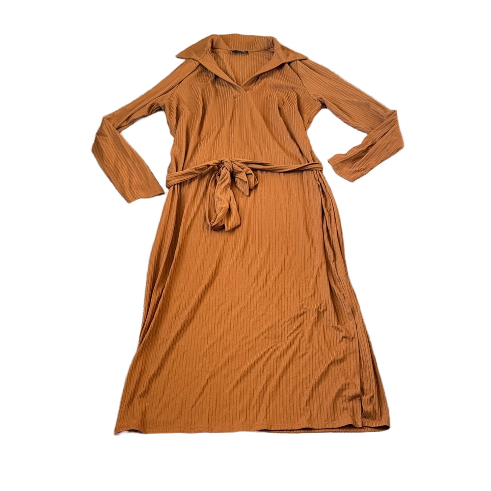 Lane Bryant Copper Orange Ribbed Dress Collared Tie Waist Long Sleeve SIZE 14/16